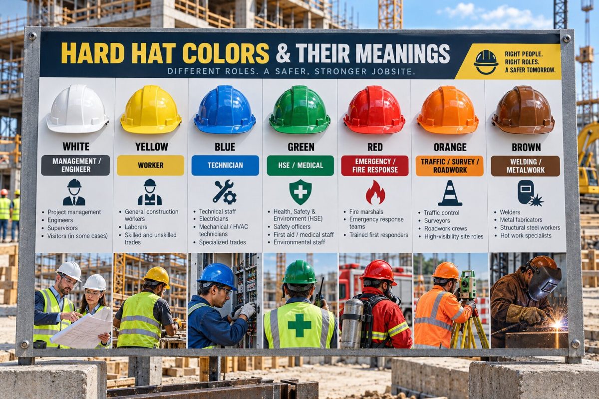 Bảng ý nghĩa 7 màu mũ bảo hộ giúp nhận biết nhanh chức vụ và nhiệm vụ tại công trường