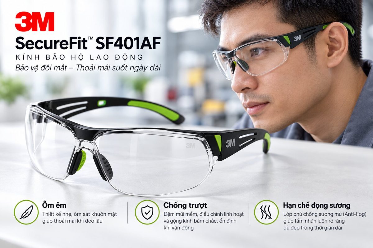 Kính 3M SF401AF ôm êm, chống trượt và hạn chế đọng sương khi đeo lâu