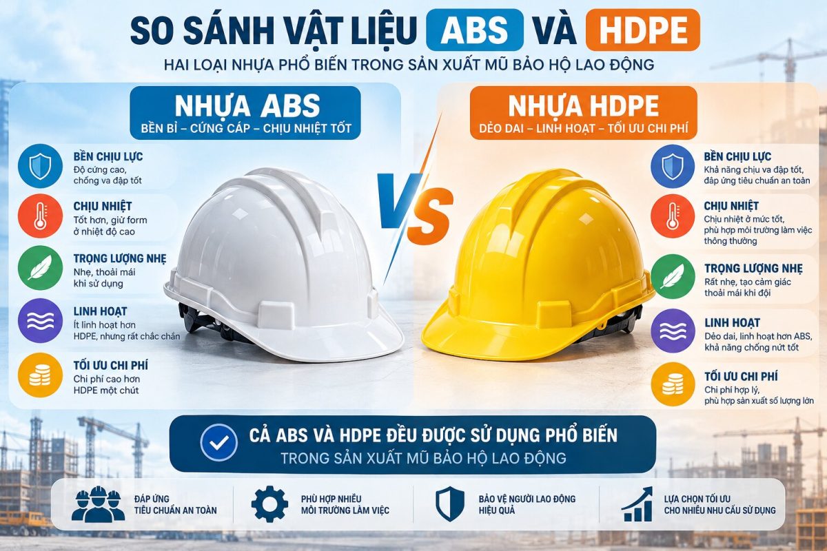 Nhựa ABS và HDPE đều được sử dụng phổ biến trong sản xuất mũ bảo hộ lao động
