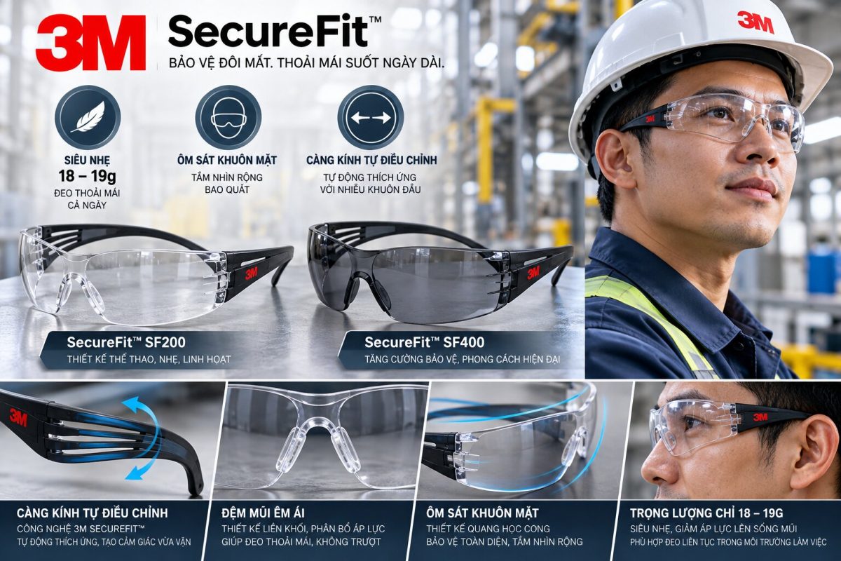 Kính 3M SecureFit SF200 và SF400 nhẹ, ôm mặt và tự điều chỉnh gọng linh hoạt