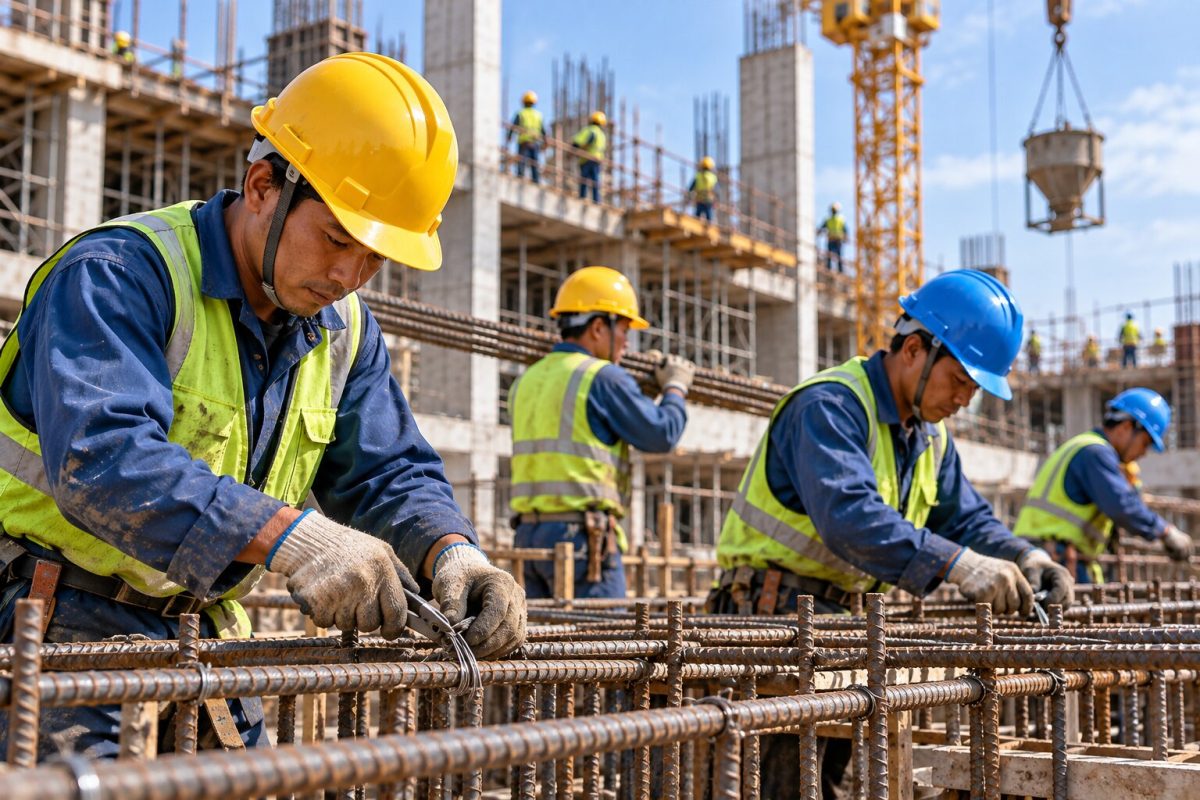 Mũ bảo hộ vàng và xanh dương phù hợp cho công nhân trực tiếp thi công tại công trường