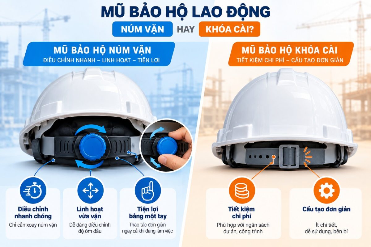 Mũ bảo hộ núm vặn và khóa cài phù hợp với từng nhu cầu sử dụng khác nhau