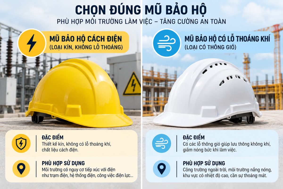 Mũ bảo hộ cách điện và mũ thoáng khí phù hợp với từng môi trường làm việc