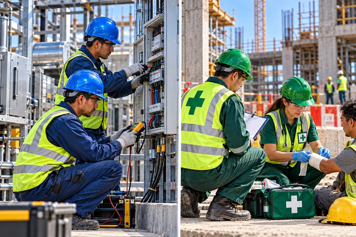 Mũ bảo hộ xanh dương và xanh lá giúp phân biệt kỹ thuật viên, HSE và nhân sự y tế