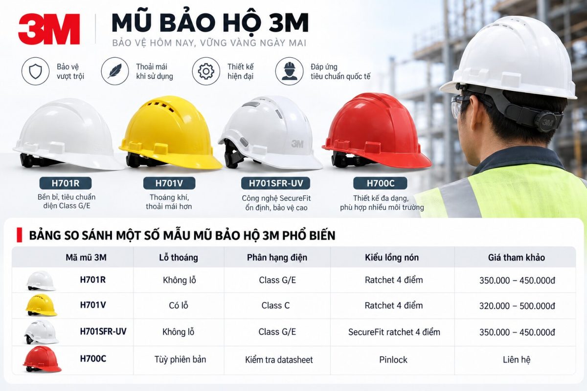 Bảng thông số và giá mũ bảo hộ 3M giúp doanh nghiệp dễ so sánh từng dòng sản phẩm