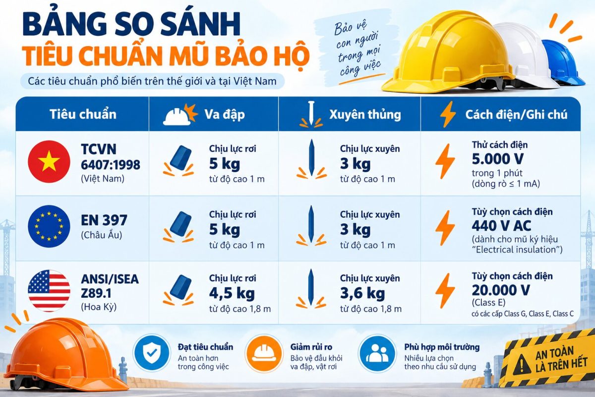 Bảng tiêu chuẩn mũ bảo hộ giúp đối chiếu yêu cầu va đập, xuyên thủng và cách điện