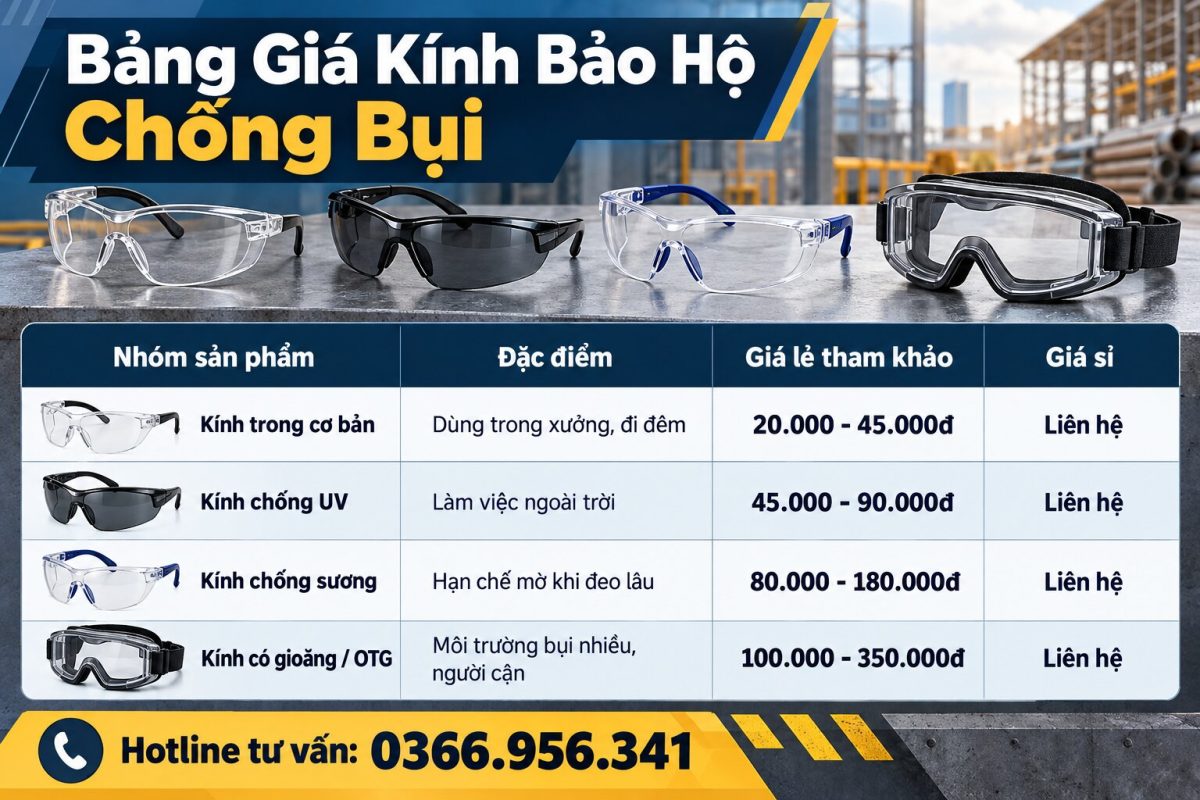 Bảng giá kính bảo hộ chống bụi giúp doanh nghiệp dễ dự trù chi phí theo từng nhu cầu sử dụng