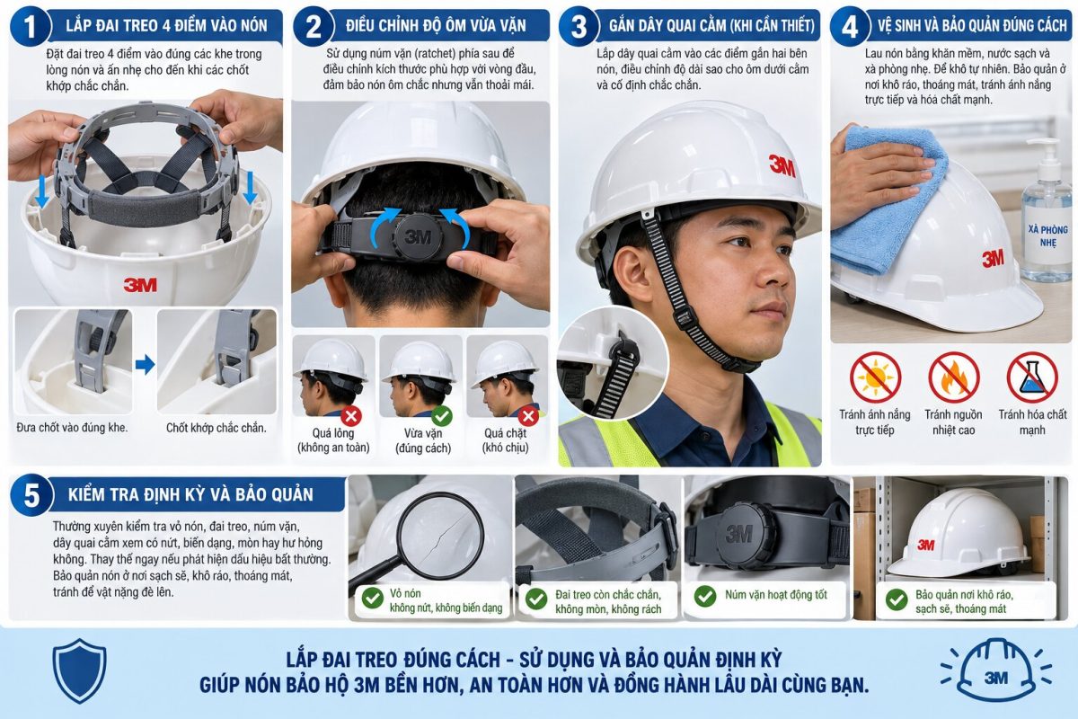 Lắp lồng nón đúng cách và bảo quản định kỳ giúp mũ bảo hộ 3M bền và an toàn hơn