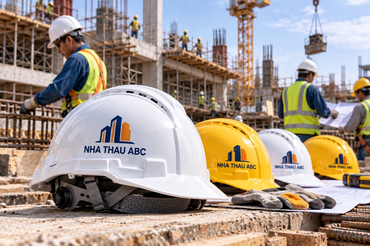 In logo nhà thầu lên mũ công trường giúp tăng nhận diện và tính chuyên nghiệp