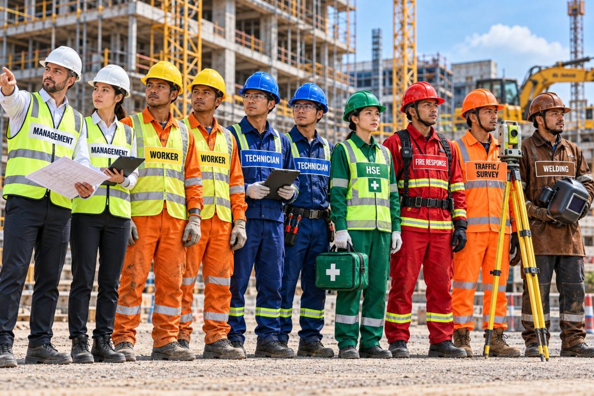 Đồng bộ màu mũ và đồng phục giúp công trường nhận diện chức vụ rõ ràng, khoa học hơn