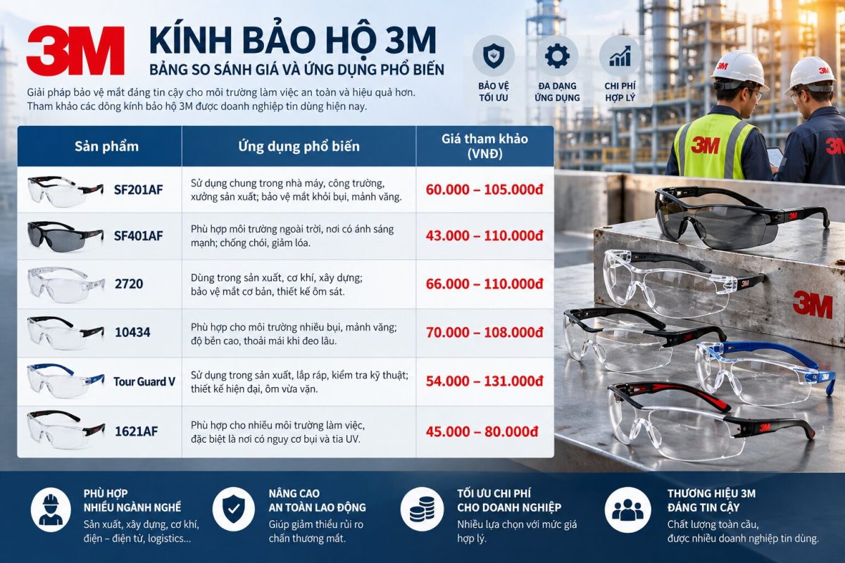 Bảng giá kính bảo hộ 3M giúp doanh nghiệp dễ so sánh chi phí theo từng nhu cầu sử dụng