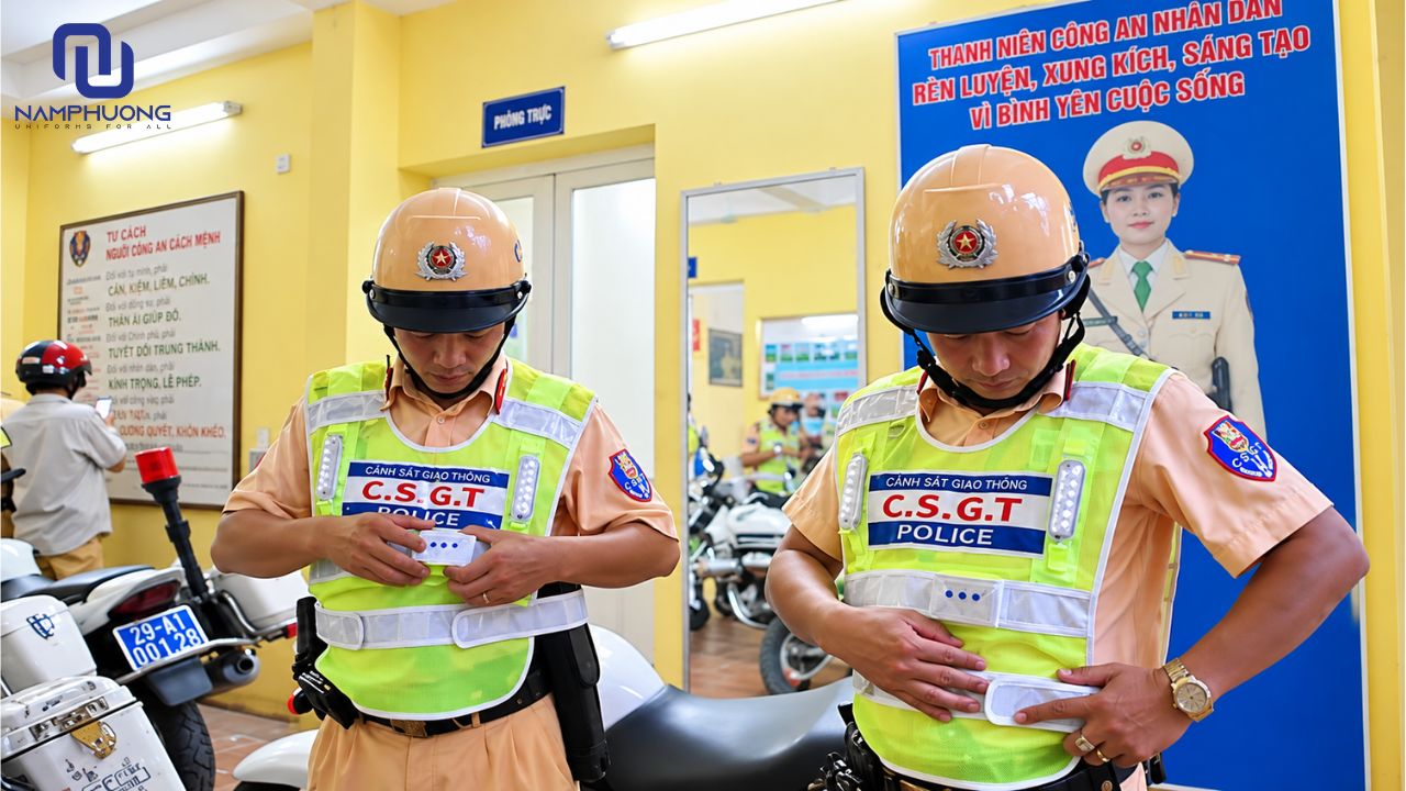 Áo phản quang cảnh sát giao thông Kaki phối lưới phù hợp với nhân viên cứu hộ