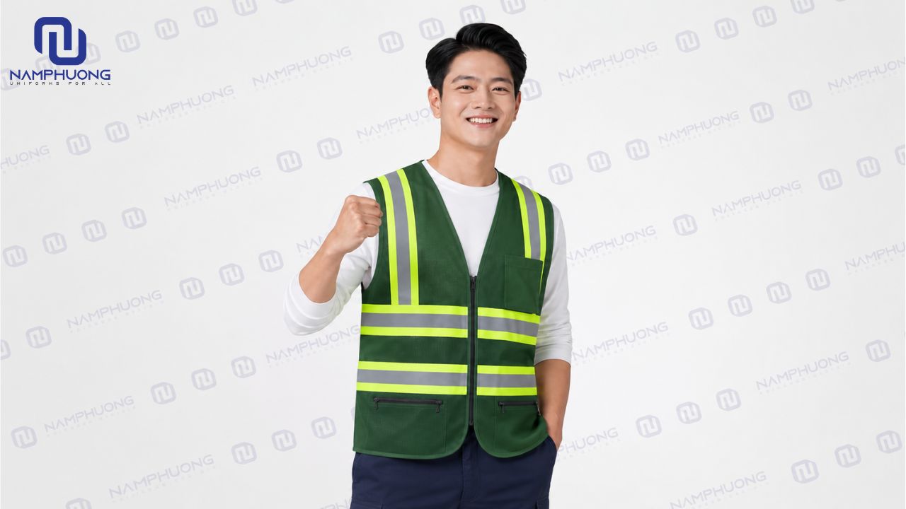 Áo lưới phản quang màu xanh rêu phù hợp với môi trường thường xuyên tiếp xúc bụi bẩn