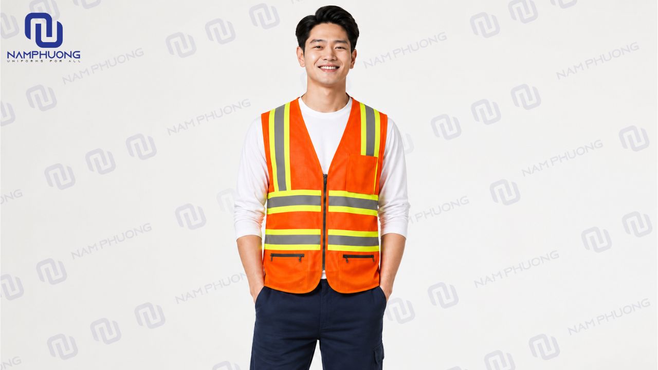 Áo phản quang màu cam có sắc cam đỏ huỳnh quang nổi bật