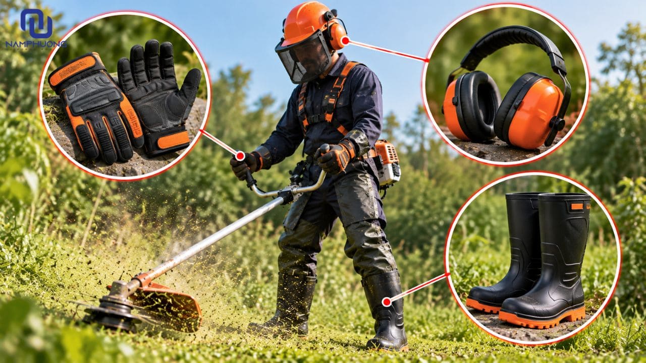 Găng tay chống rung, nút bịt tai và ủng bảo hộ giúp giảm rủi ro khi cắt cỏ
