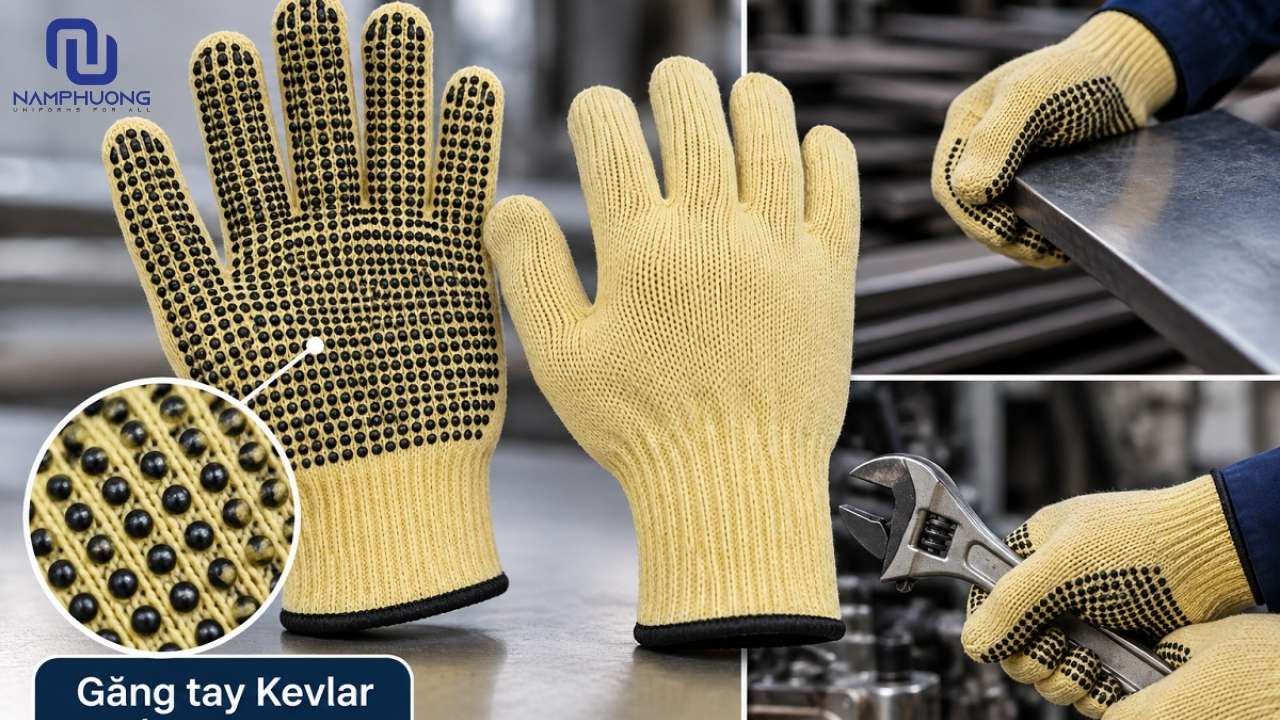 Găng tay chống cắt Kevlar chấm hạt PVC hạn chế trơn trượt khi cầm dụng cụ