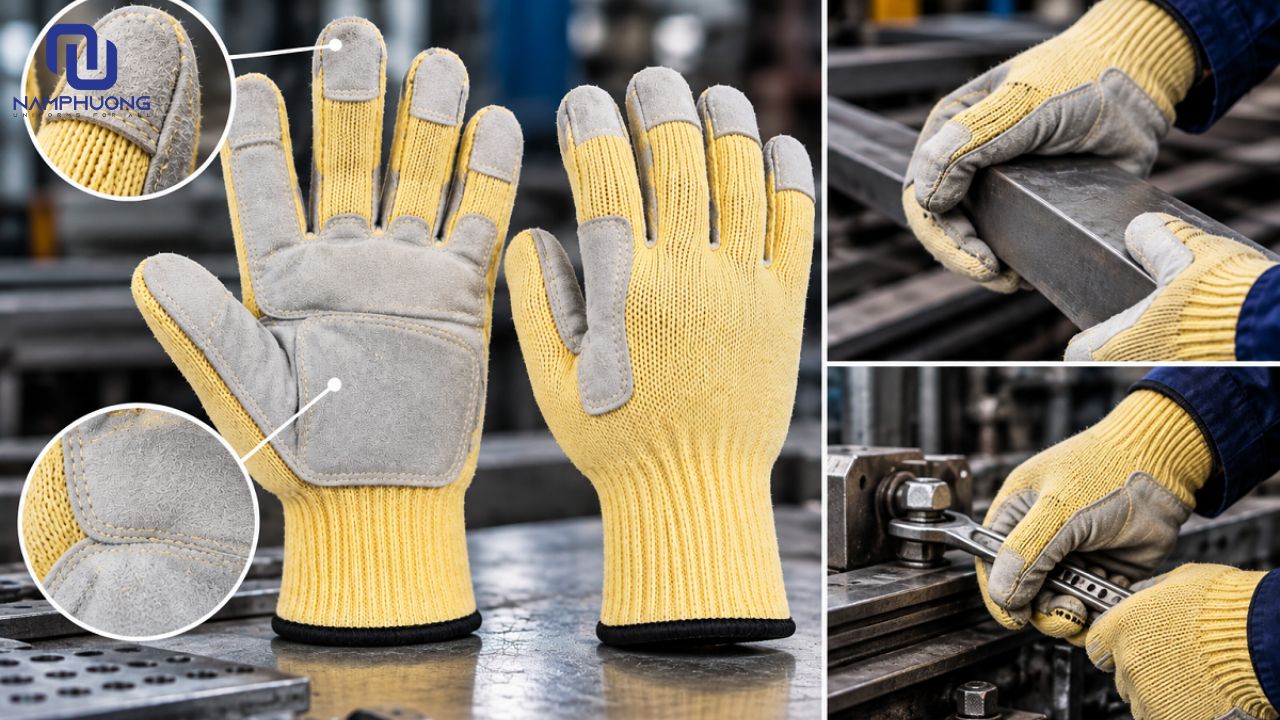 Găng tay chống cắt Kevlar phối da giúp tăng khả năng chống mài mòn