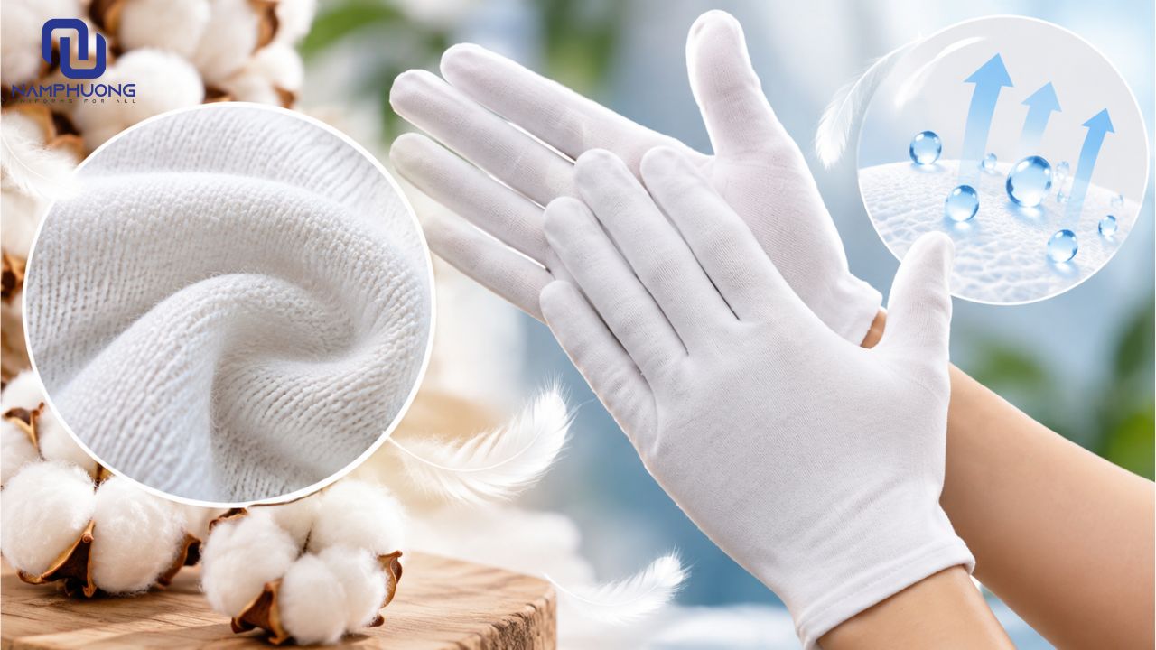 Găng tay vải 100% Cotton có đặc tính mềm mại, thấm hút mồ hôi tốt