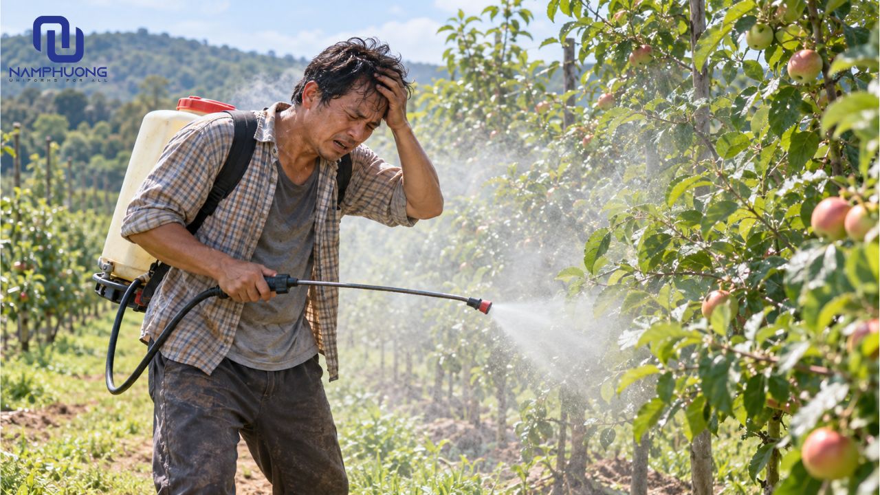Không mặc đồ bảo hộ khi phun thuốc trừ sâu dễ gây ngộ độc và hại sức khỏe