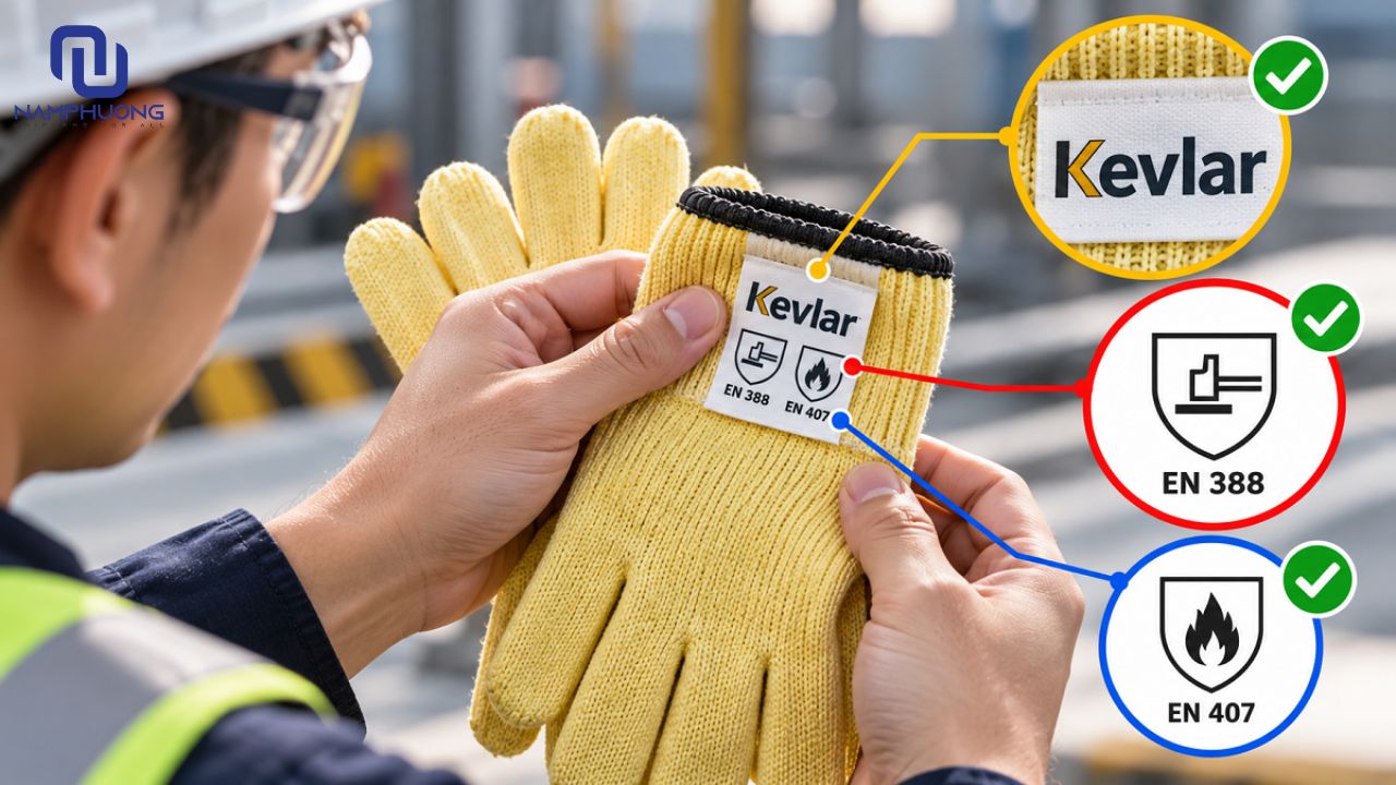Kiểm tra nhãn Kevlar, tiêu chuẩn EN 388 và EN 407 trước khi sử dụng 
