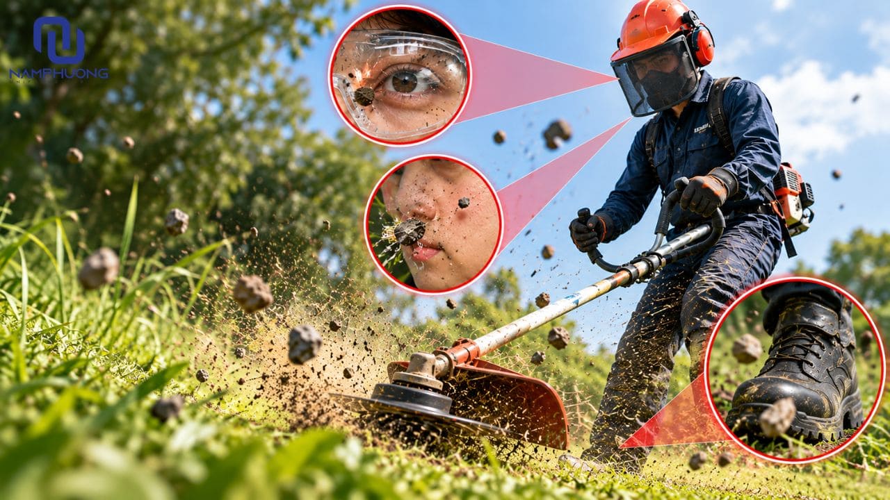 Nguy cơ chấn thương mắt, mặt và chân do sỏi đá văng khi cắt cỏ