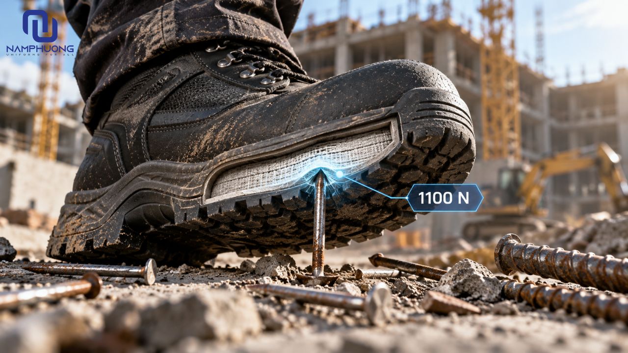 Tấm lót chống đinh chịu lực xuyên thủng 1100 Newton, bảo vệ bàn chân tại công trường