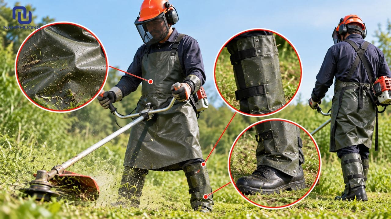 Tạp dề bạt dày và giáp ống chân giúp chống bám bẩn, hạn chế va đập khi cắt cỏ